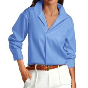 Womens Long Sleeve Work Shirt Lapel V Neck Business Casual Blue Size Small